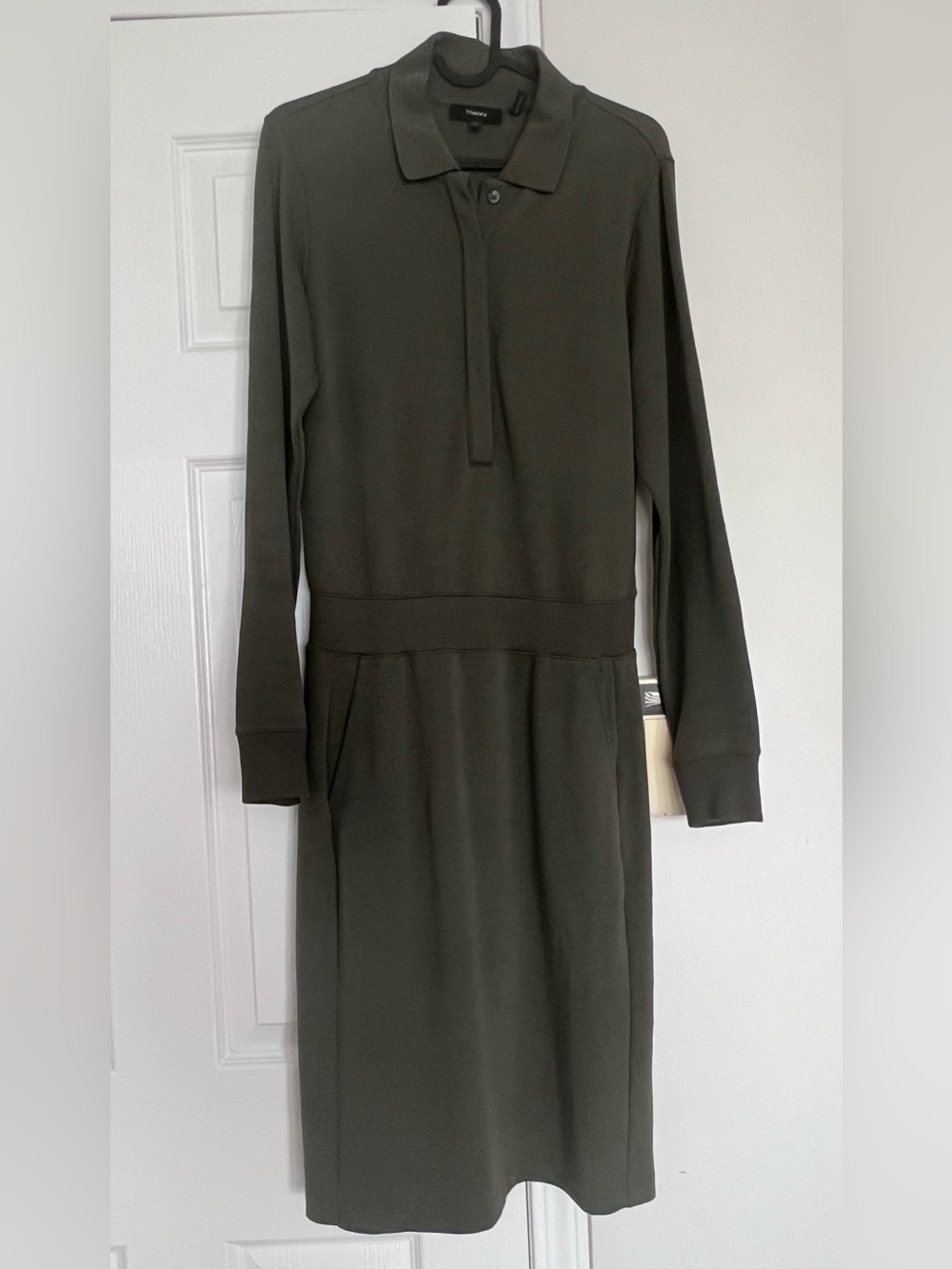 Theory Long Sleeve Polo Sweatshirt Dress in Olive Green,SZ S, NEW